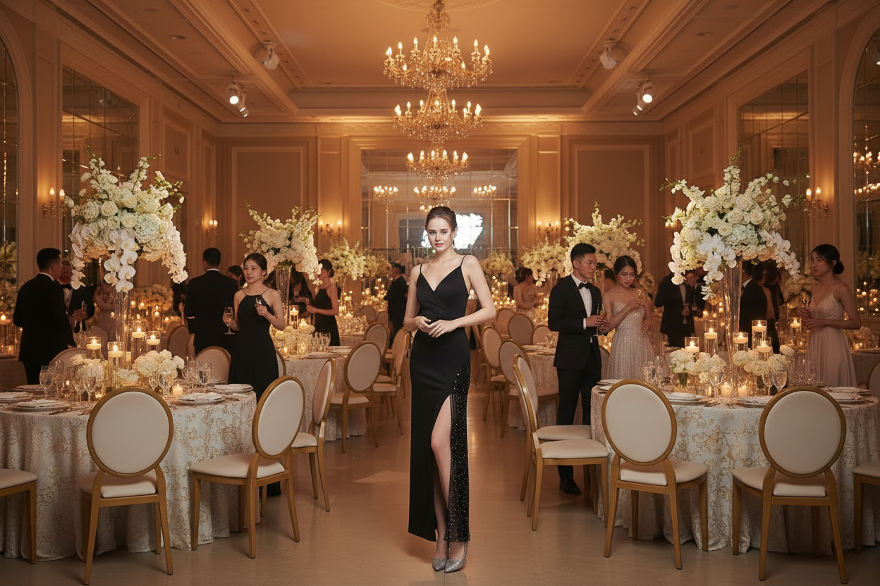Black long camisole gown dress with V-neckline and side slit.