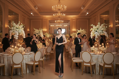 Black long camisole gown dress with V-neckline and side slit.