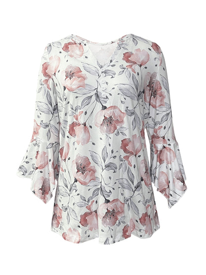 New Printed Spike Button Irregular Three-quarter Sleeve T-shirt Casual Top