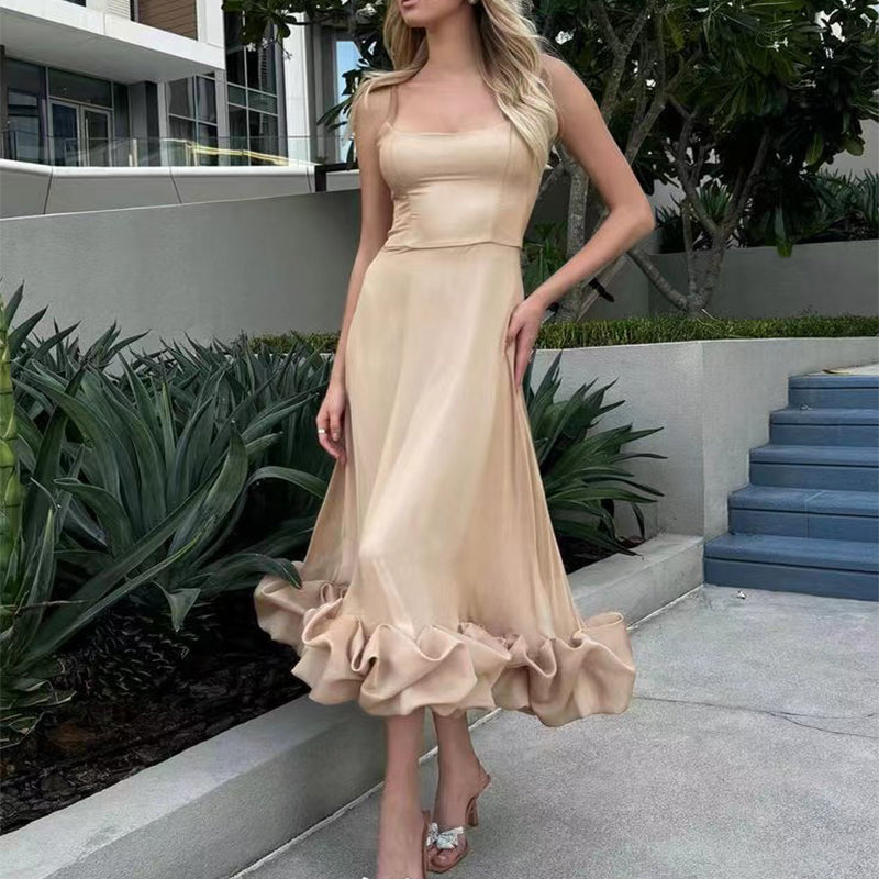 Apricot A-line dress with spaghetti straps and 3D flower hem ruffle