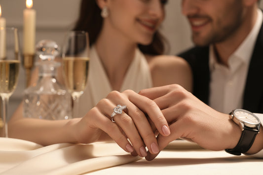 Silver moissanite diamond-style ring with round center stone on a hand