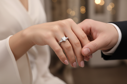 Silver moissanite diamond-style ring with round center stone on hands