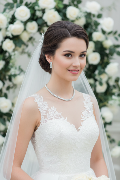 Rhinestone necklace with matching earrings, worn with veil for wedding