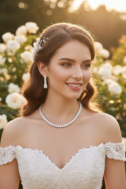 Rhinestone necklace and rectangular drop earrings, close-up view on model