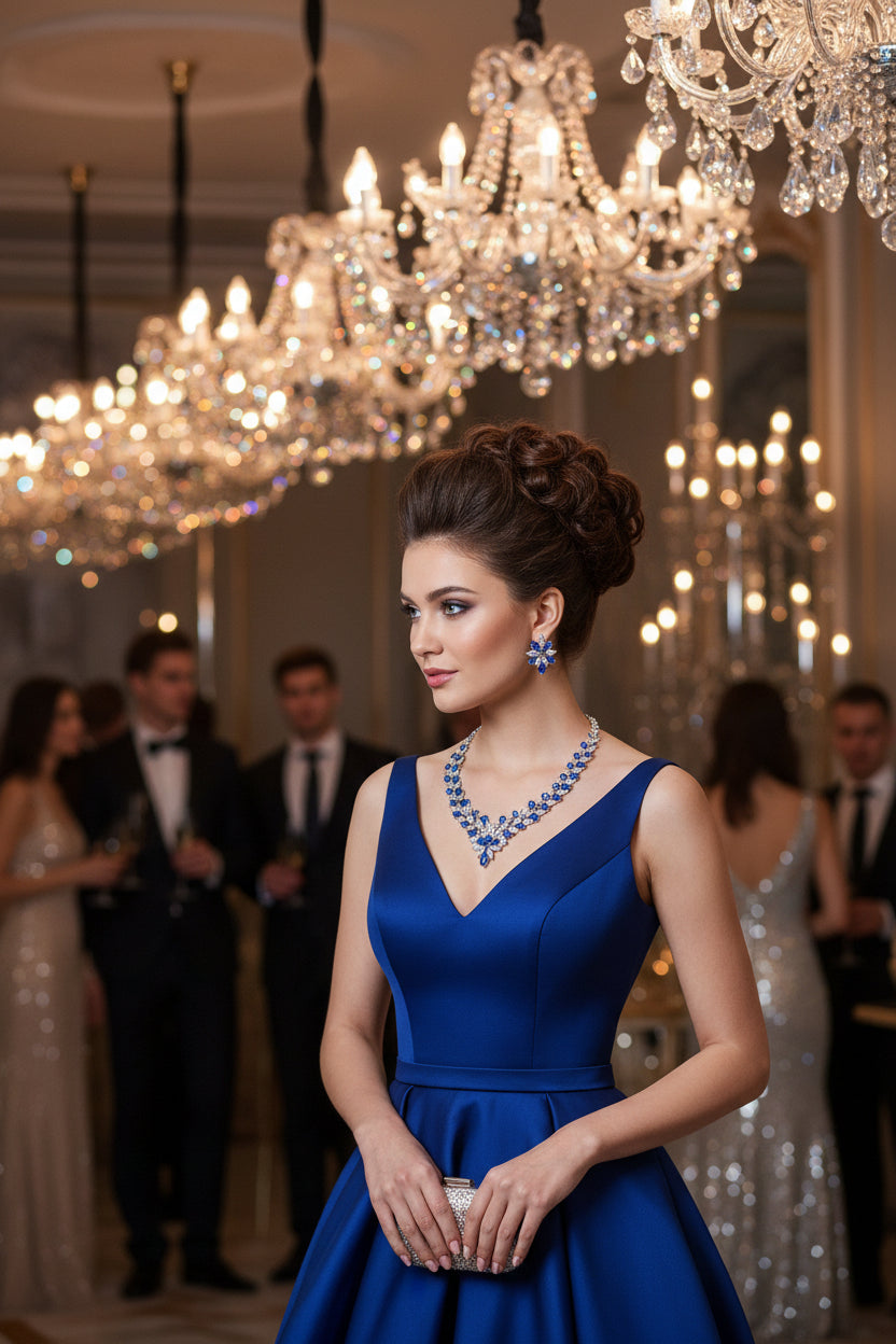 Blue zircon necklace with matching drop earrings, floral center and clear stones