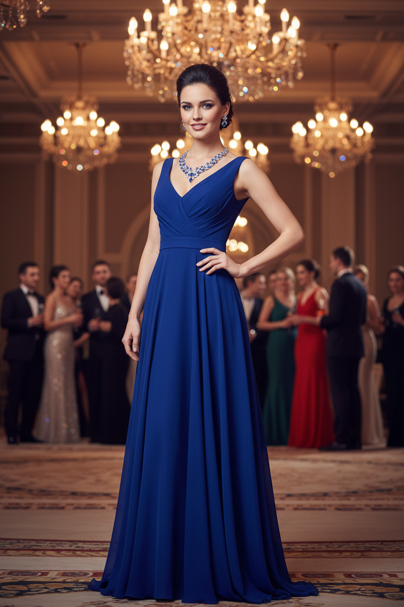 Zircon necklace and earring set with blue stones on a long royal blue gown