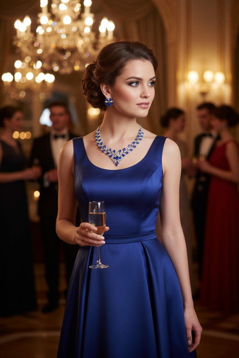 Zircon necklace and earring set with blue stones on a dark blue dress neckline