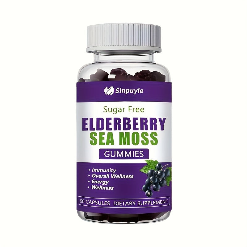 Sugar-free elderberry sea moss gummies supplement bottle, purple label, Sinpuyile brand.