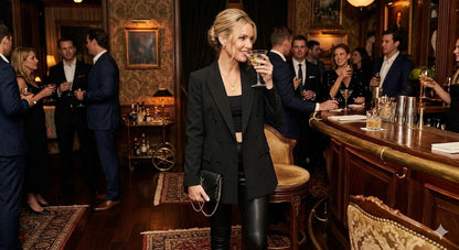 Black suit blazer with lapel, button front, and long sleeves with cuffs