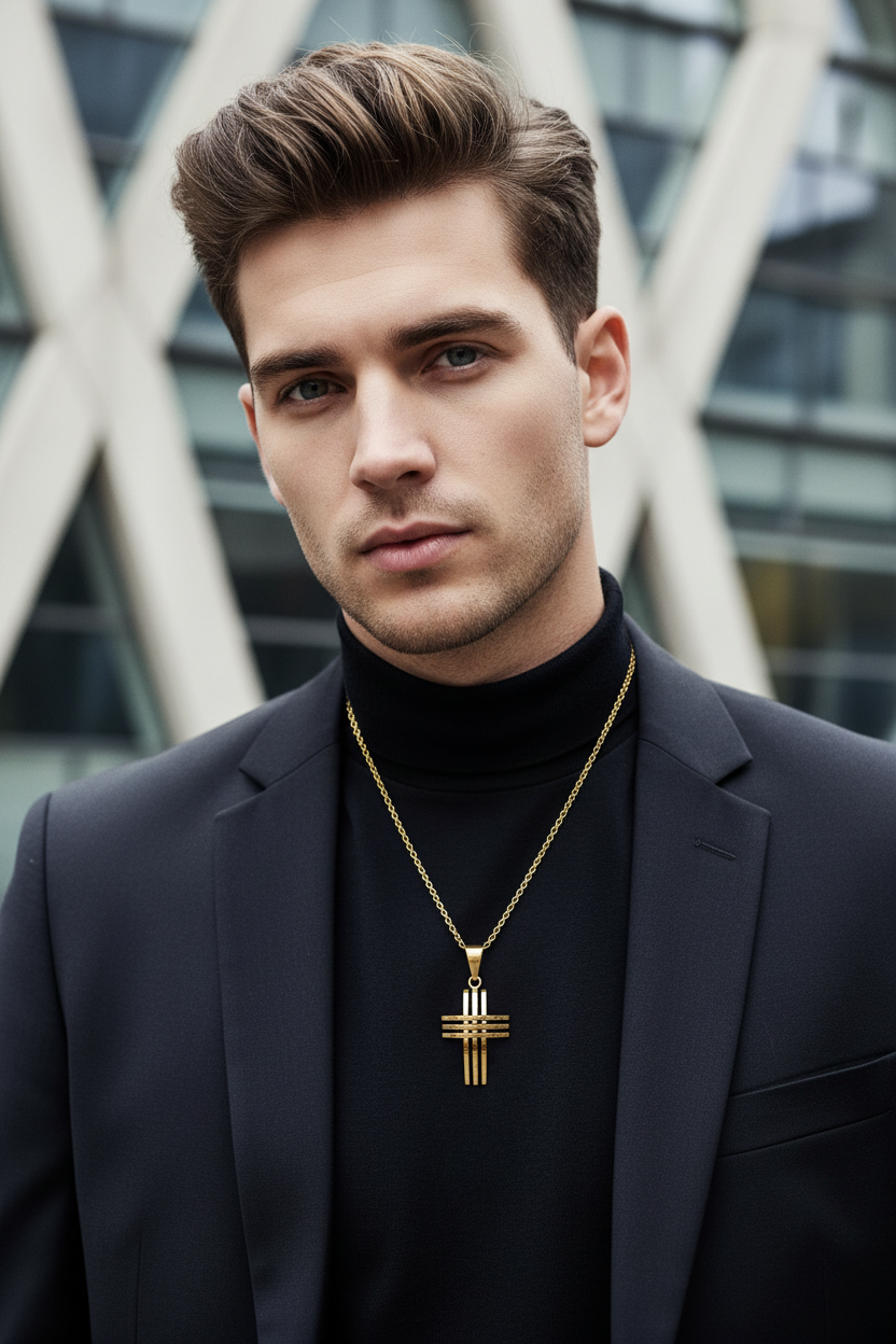 Men’s cross pendant necklace with hollow cross pendant on a gold-tone chain