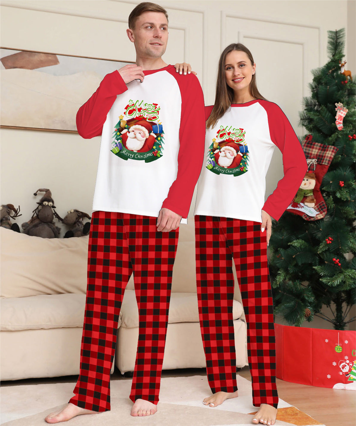 Christmas Parent-Child Set Long Sleeve T-Shirt Plaid Pants Family Matching Pajamas