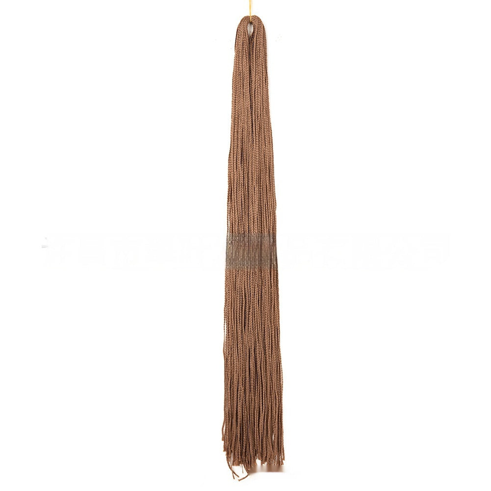 Medium brown braided crochet hair extensions bundle with long straight strands and fringed ends.