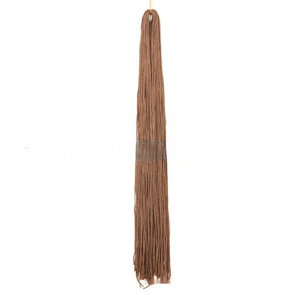 Medium brown braided crochet hair extensions bundle with long straight strands and fringed ends.