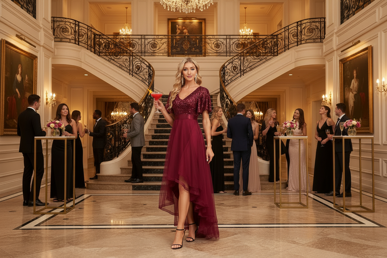 Women’s wine red ruffled long dress with glittery V-neck and layered irregular hem