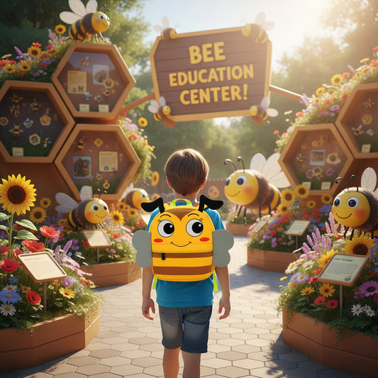 Cartoon bee backpack with smiling face graphic, front pocket, and adjustable straps