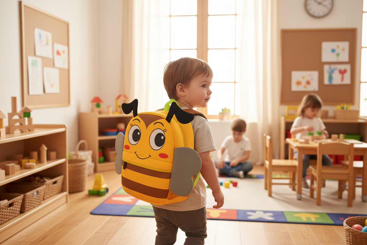 Cartoon bee-shaped kids backpack with smiling face, yellow body, black ears and straps