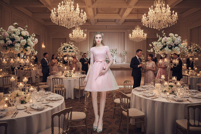 Slim bridesmaid dress with lace illusion neckline, 3/4 sleeves, fitted waist and flared skirt