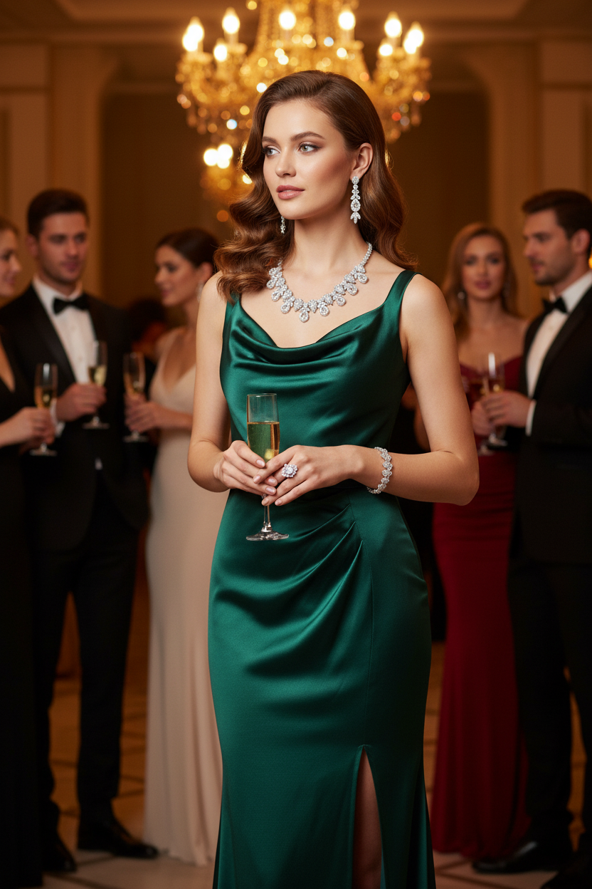 Zircon necklace set with sparkling collar necklace, bracelet, and drop earrings on model