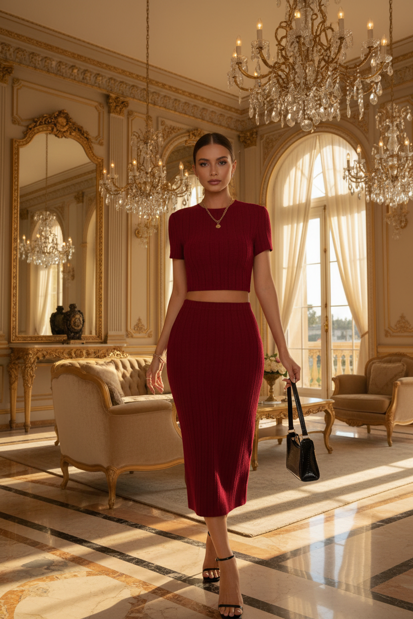 Wine red ribbed two-piece suit with cropped top and high-waist midi pencil skirt