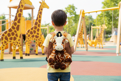 Cartoon animal school bag with brown giraffe plush face and backpack style straps