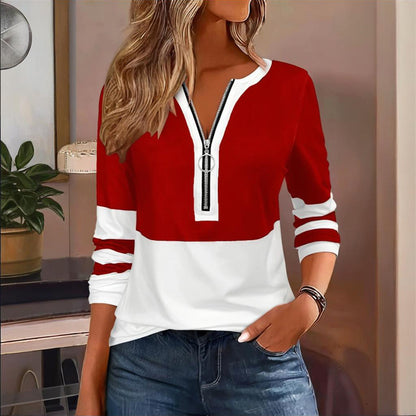 Women's Zip-Up Round Neck Long Sleeve Sweatshirt With Color Block Stripes - Casual Pullover Top