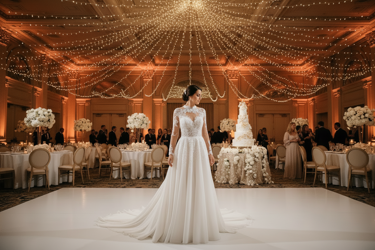 White high-neck lace wedding dress with long sleeves, A-line skirt and extended train, side view