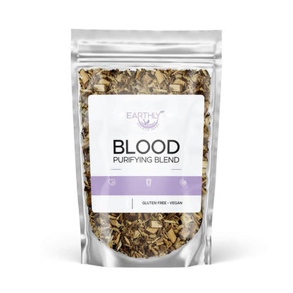 Blood purifying blend loose-leaf tea pouch with Earthly label and front view