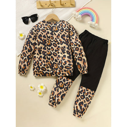 Toddler Girls Fall Winter Outfits Leopard Letter Print Crewneck Long Sleeve Sweatshirt Top & Sweatpants 2 Piece Clothing Set