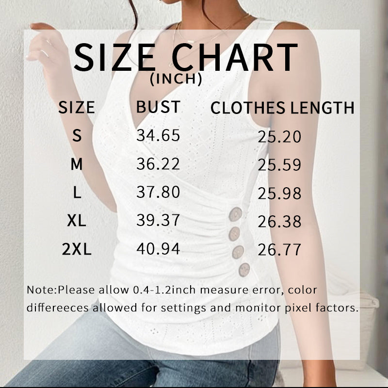 Women's V-Neck Sleeveless Rucked Tank Top Slim Fit Button Detail Casual Tee