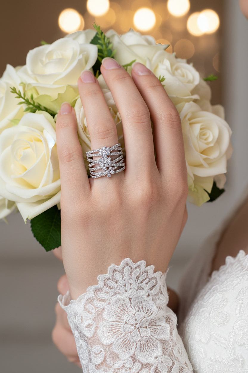 Stacked diamond-look ring set, silver bands with round stones