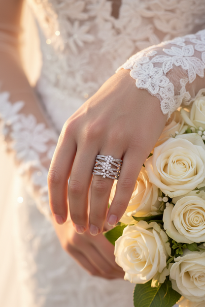 Gold-tone ring set with sparkling rows, worn on finger
