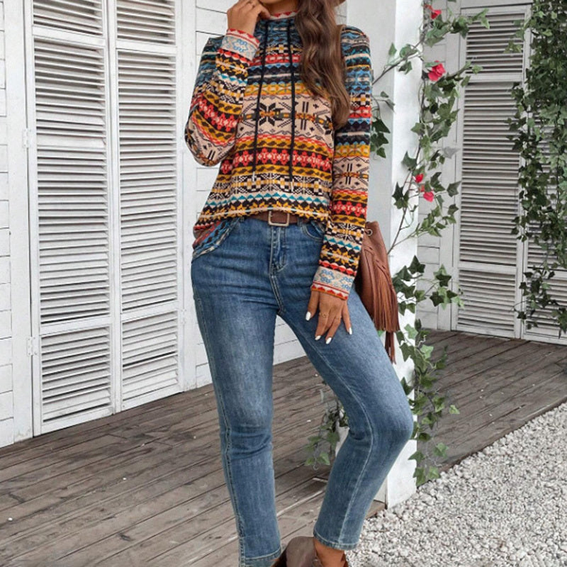 Women's High Neck Geometric Print Long Sleeve Top With Tie Detail - Stylish Casual Blouse