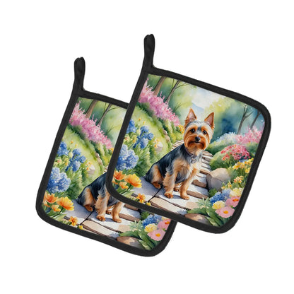 Silky Terrier Spring Path Pair of Pot Holders