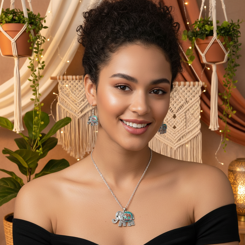 Silver elephant jewelry set featuring elephant pendant necklace and drop earrings.