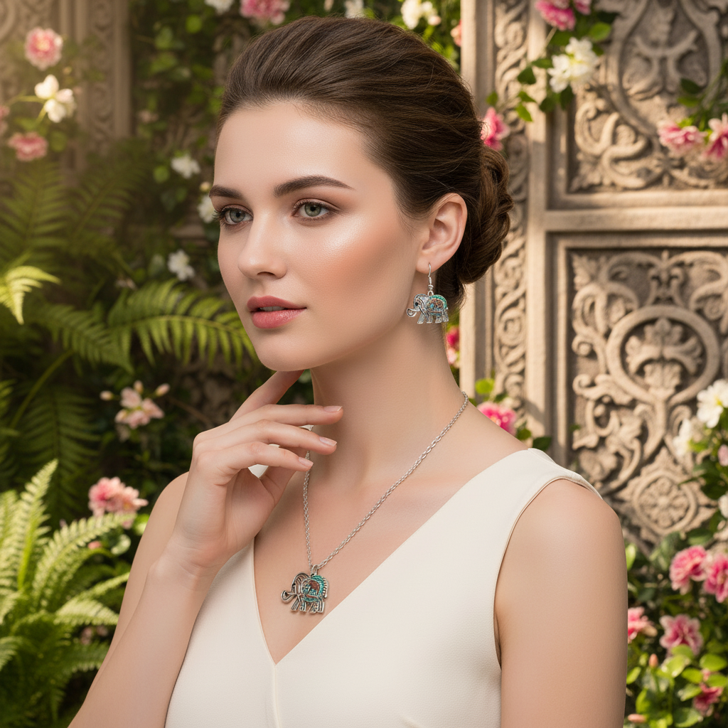 Silver elephant drop earrings and elephant pendant necklace on sleeveless dress