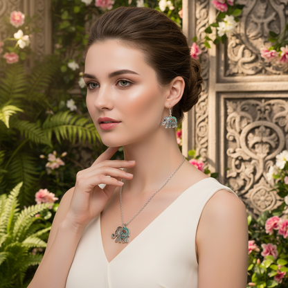 Silver elephant drop earrings and elephant pendant necklace on sleeveless dress