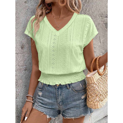 Women Summer Eyelet Top Casual V Neck Short Sleeve Smocked Shirts Loose Tunic Tops Blouses