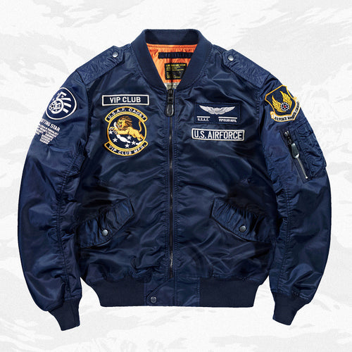 Navy bomber jacket with front zipper and embroidered U.S. Air Force patches