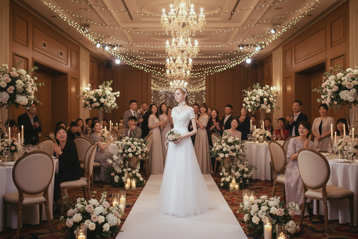 White wedding dress with lace bodice and long tulle skirt with subtle sheen