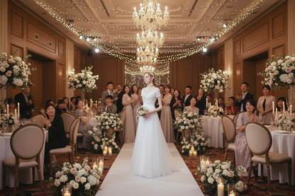 White wedding dress with lace bodice and long tulle skirt with subtle sheen