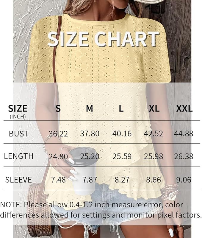 Women's Ruffle Hem Short Sleeve T-Shirt Casual Summer Crew Neck Blouses Top