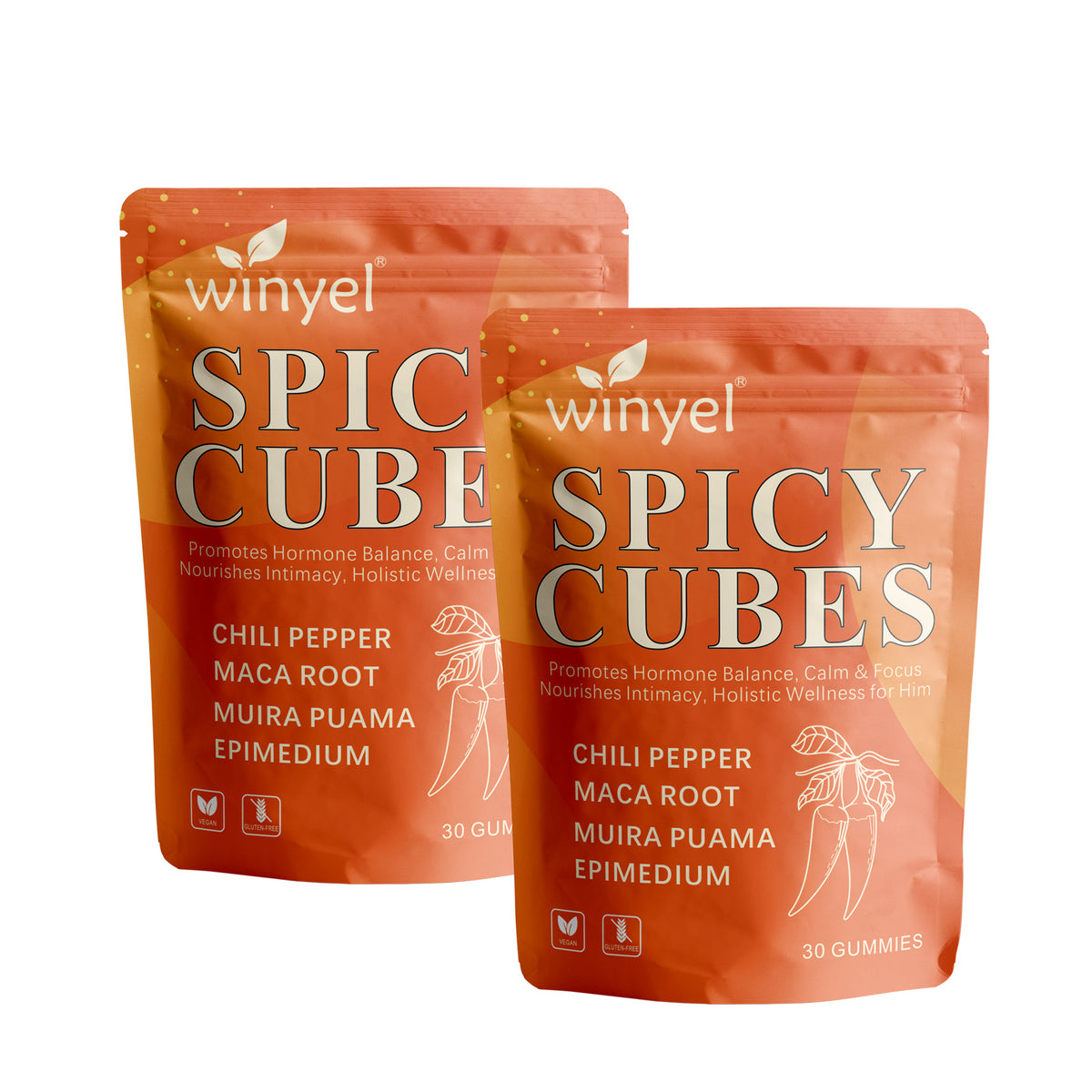 Two Spicy Cubes supplement pouches side by side with “30 gummies” on each