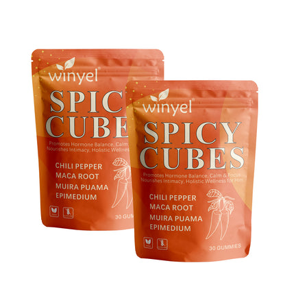 Two Spicy Cubes supplement pouches side by side with “30 gummies” on each