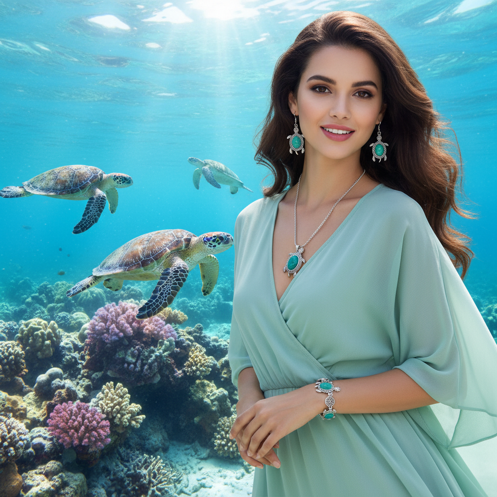 Turtle-inspired necklace set with green oval charm, earrings and bracelet