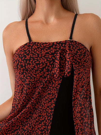 Women's Fashionable One-piece Swimsuit, Sexy Strapless Chiffon Dress With Leaf Print, Vacation Style.