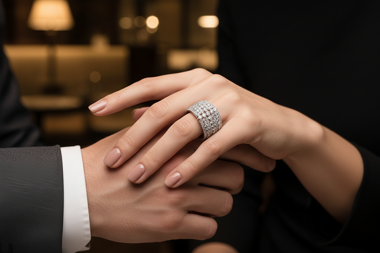 Silver moissanite wide band ring on hands, sparkling round pavé stones