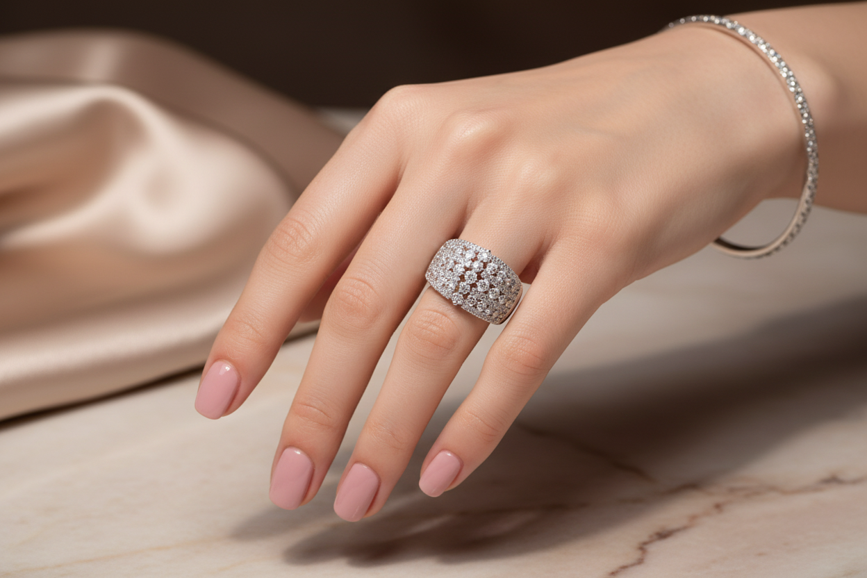 Silver moissanite ring with dense round pavé stones on finger