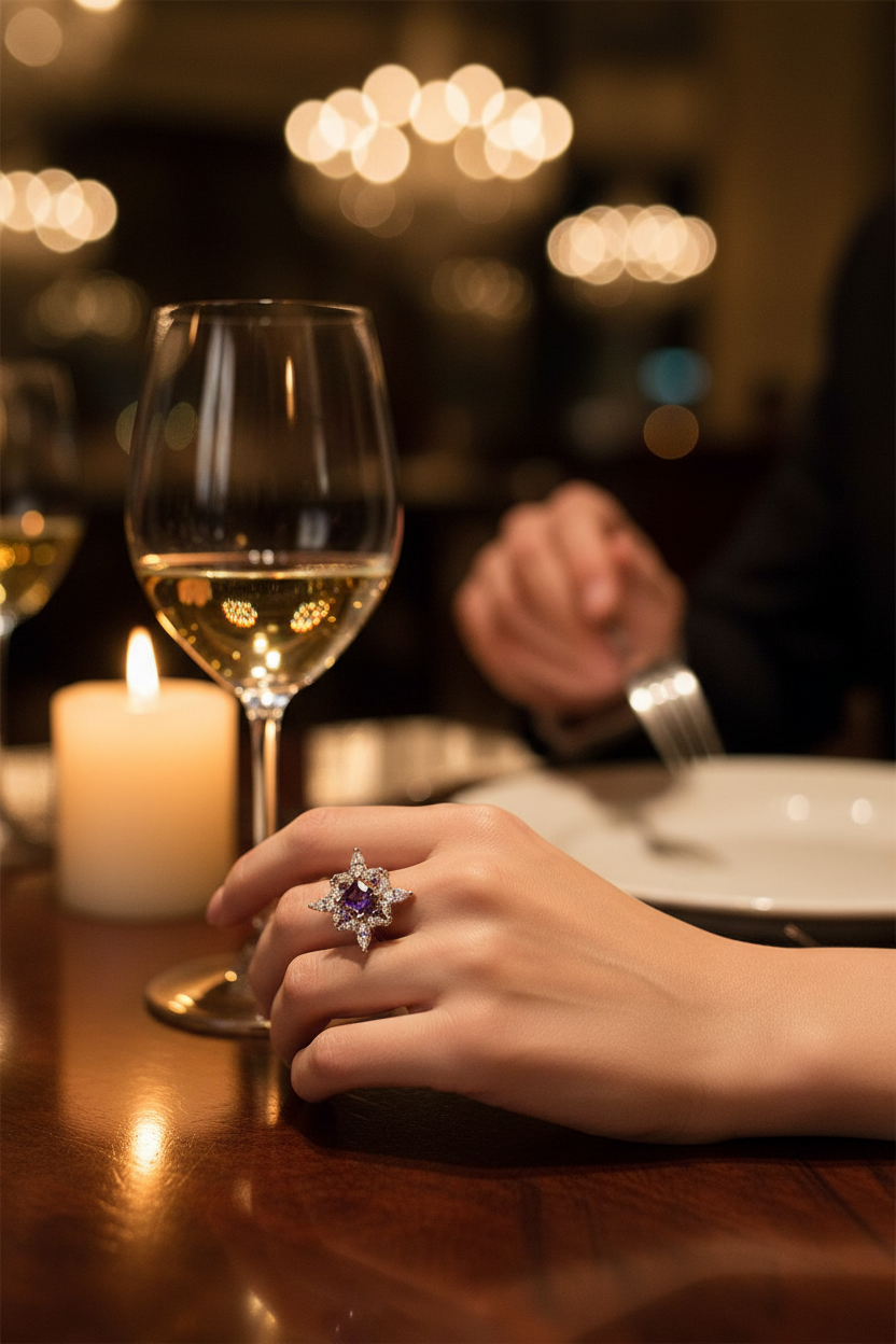 Sterling silver ring with purple star centerpiece on open palm