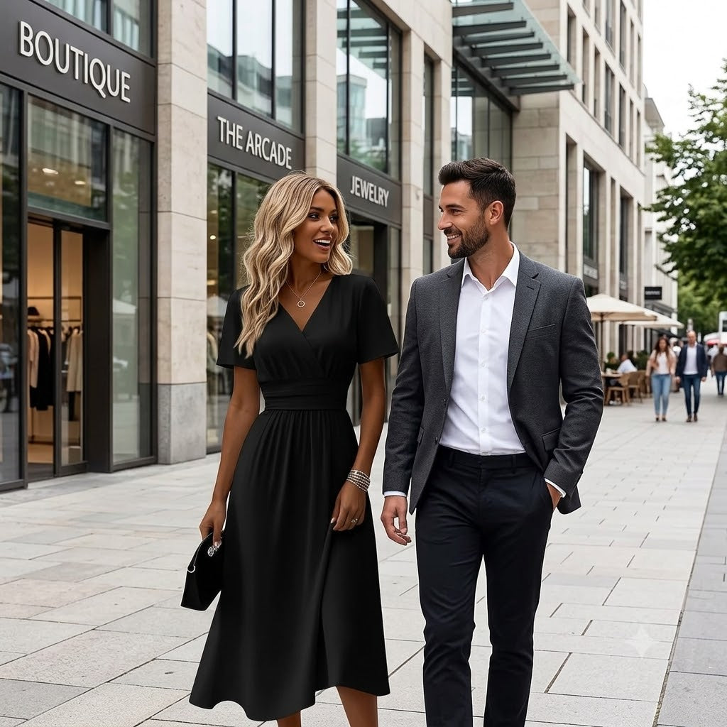 Women’s casual short-sleeve V-neck dress in black, V-neckline with cinched waist.