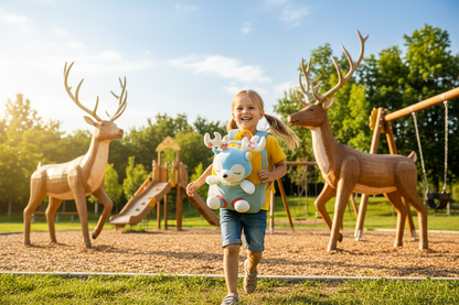 Children's plush elk backpack, blue with antlers and smiling face graphic.